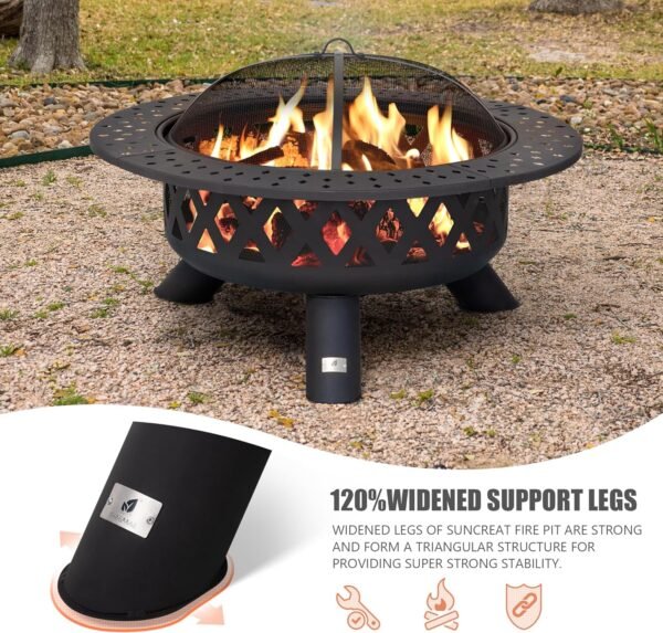 SUNCREAT 42¡± Patio Fire Pit Wood Burning with Mesh Spark Screen, Bonfire Outdoor firepit with Fireplace Poker, Black - Image 78