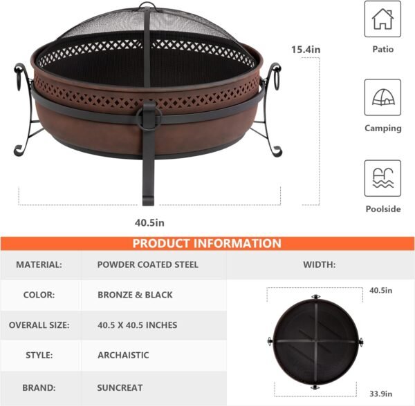 SUNCREAT 42¡± Patio Fire Pit Wood Burning with Mesh Spark Screen, Bonfire Outdoor firepit with Fireplace Poker, Black - Image 54