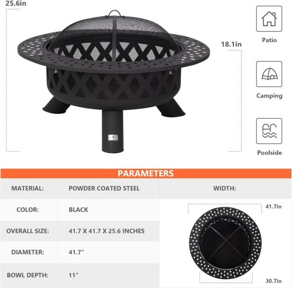 SUNCREAT 42¡± Patio Fire Pit Wood Burning with Mesh Spark Screen, Bonfire Outdoor firepit with Fireplace Poker, Black - Image 81