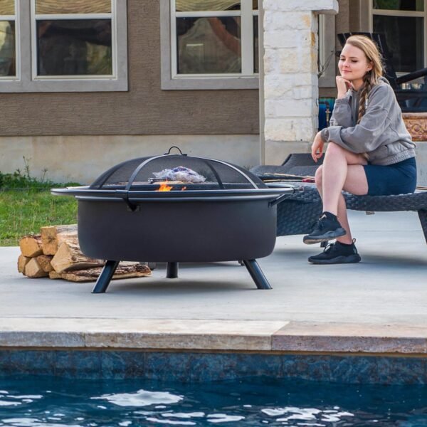 SUNCREAT 42¡± Patio Fire Pit Wood Burning with Mesh Spark Screen, Bonfire Outdoor firepit with Fireplace Poker, Black - Image 48