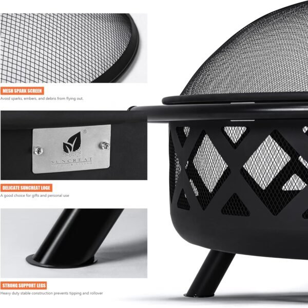 SUNCREAT 42¡± Patio Fire Pit Wood Burning with Mesh Spark Screen, Bonfire Outdoor firepit with Fireplace Poker, Black - Image 71
