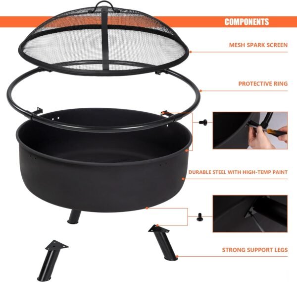 SUNCREAT 42¡± Patio Fire Pit Wood Burning with Mesh Spark Screen, Bonfire Outdoor firepit with Fireplace Poker, Black - Image 47