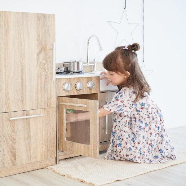 Teamson Kids Little Chef Chelsea Modern Wooden Play Kitchen, Cherry Grain/Silver - Image 8