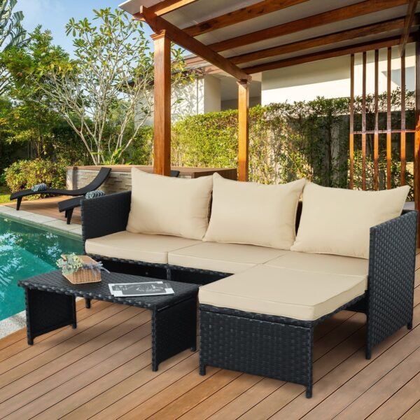 Waroom 3 Pieces Patio Conversation Sets Outdoor Wicker Furniture with Coffee Table,Khaki, Powder Coated Steel - Image 10