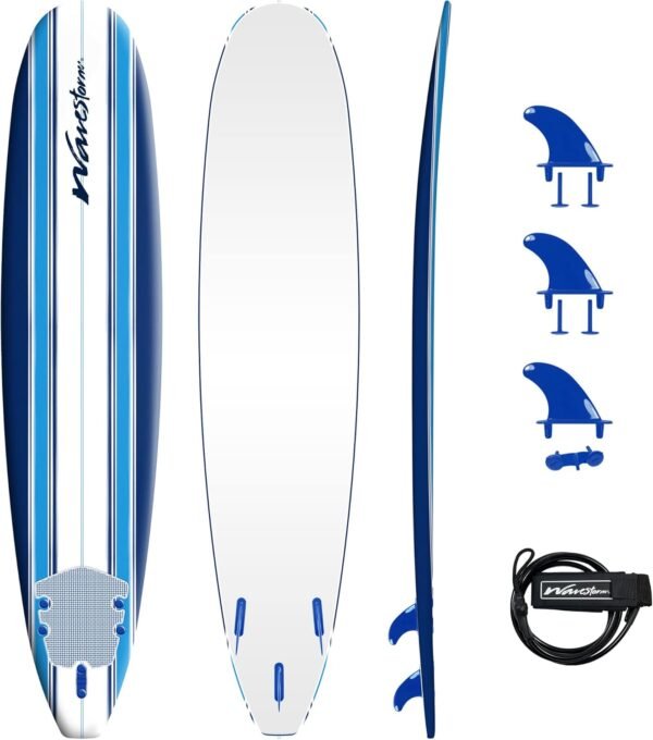 Wave Storm ¨C Classic Soft Top Foam 9ft Surfboard for Beginners and All Surfing Levels Complete Set Includes Leash and Multiple Fins Heat Laminated  Blue Pinline - Image 5