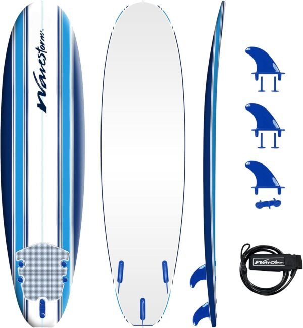 Wavestorm Classic Soft Top Foam 7¡ä Surfboard for Beginners and All Surfing Levels Complete Set Includes Leash and Multiple Fins Heat Laminated  Blue Pinline - Image 5