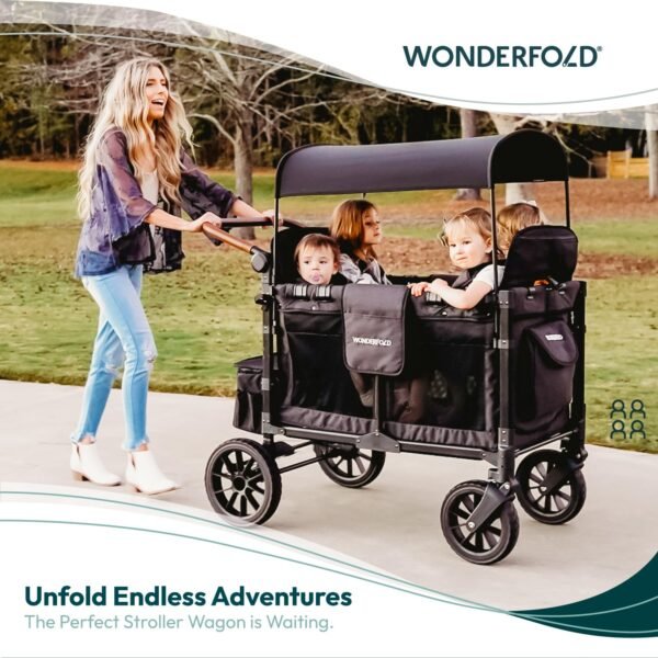 WONDERFOLD W4 Luxe Quad Stroller Wagon (4 Seater) ¨C Collapsible Wagon Stroller with Seats with Magnetic Buckle 5-Point Harnesses and Adjustable Sun Canopy  Black - Image 6