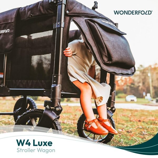 WONDERFOLD W4 Luxe Quad Stroller Wagon (4 Seater) ¨C Collapsible Wagon Stroller with Seats with Magnetic Buckle 5-Point Harnesses and Adjustable Sun Canopy  Black - Image 8